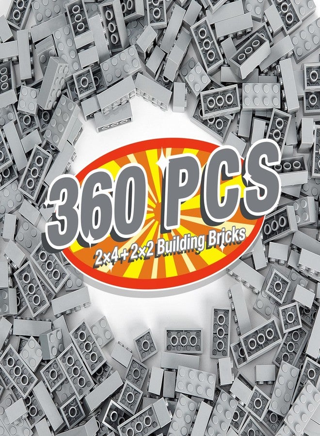 MANNIDOO 360 Pieces Building Bricks, Classic Basic Flats Parts and Pieces - 2x4 Brick x200 and 2x2 Brick x160, Moc Building Bulks Compatible with All Major Brands, Light Grey - Image 1